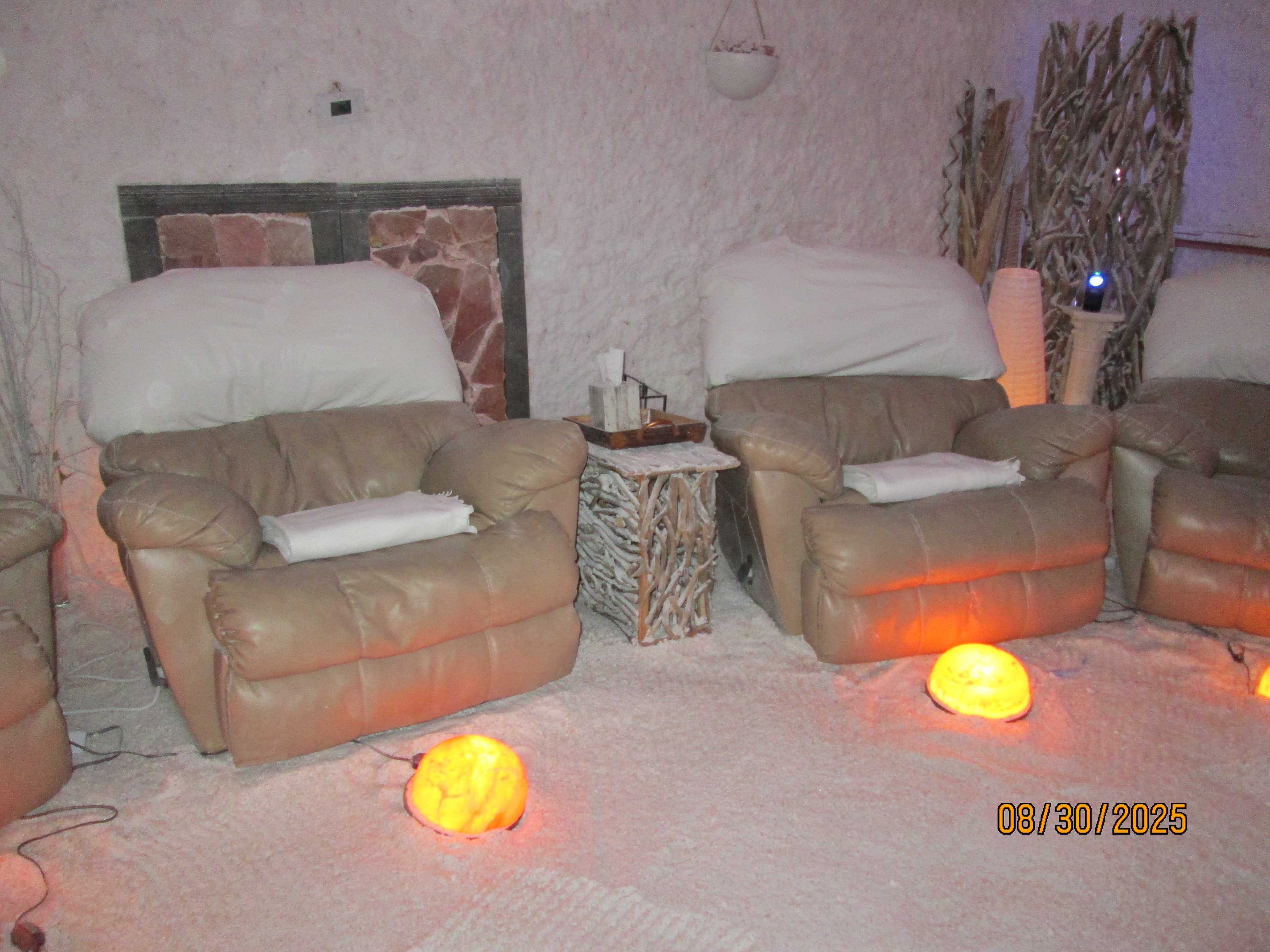Salt therapy room with crystal formations